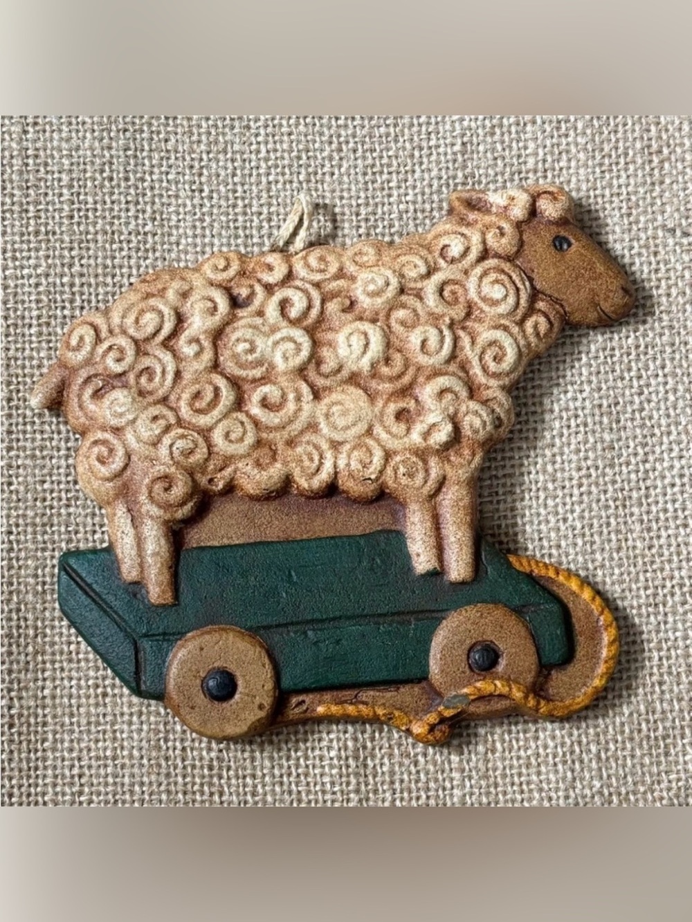Vintage Sheep On Pull Cart Beeswax Ornament Rustic Primitive Farmhouse FLAWED